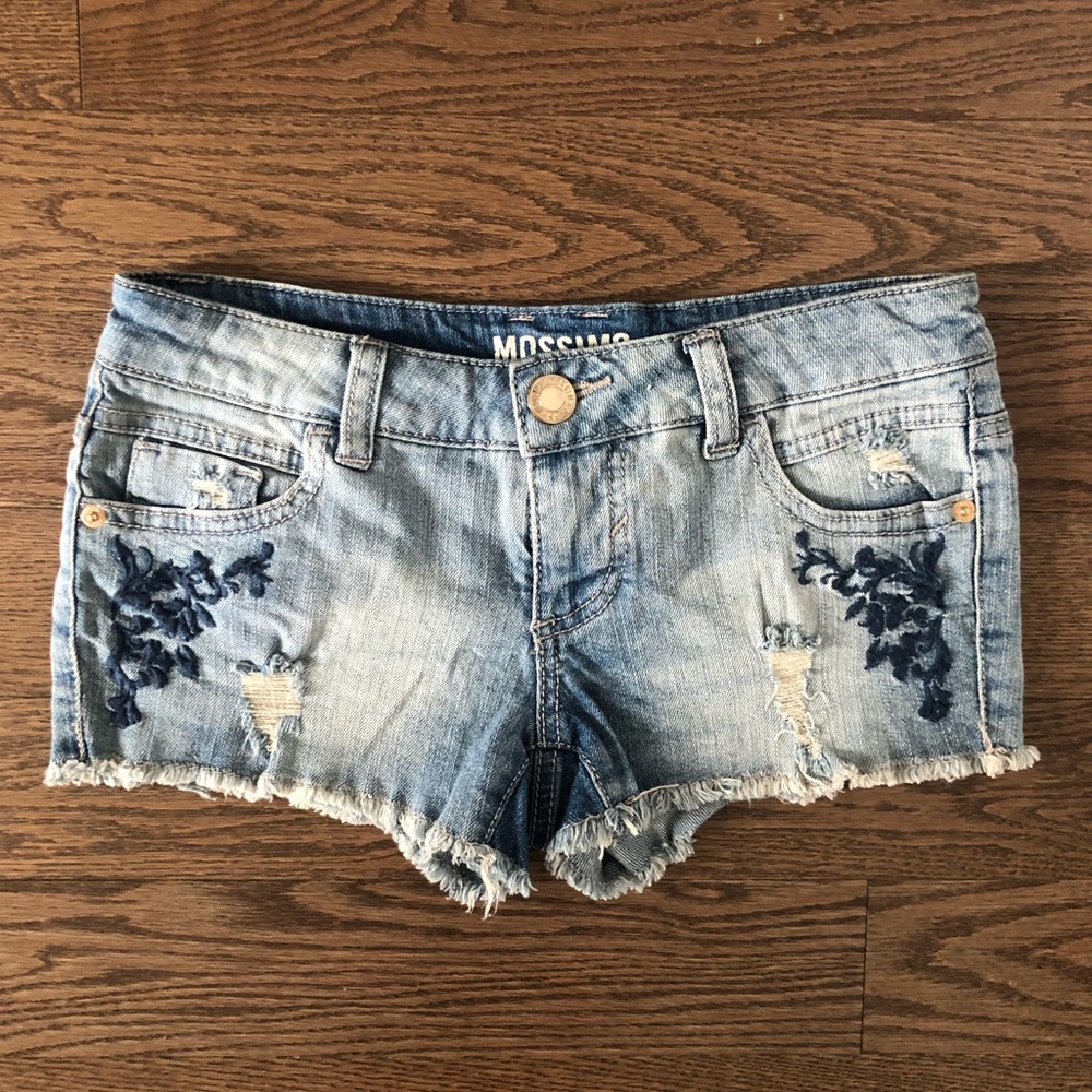 Mossimo Low Rise Embroidered Denim Fringe Frayed Hem Jean Shorts
